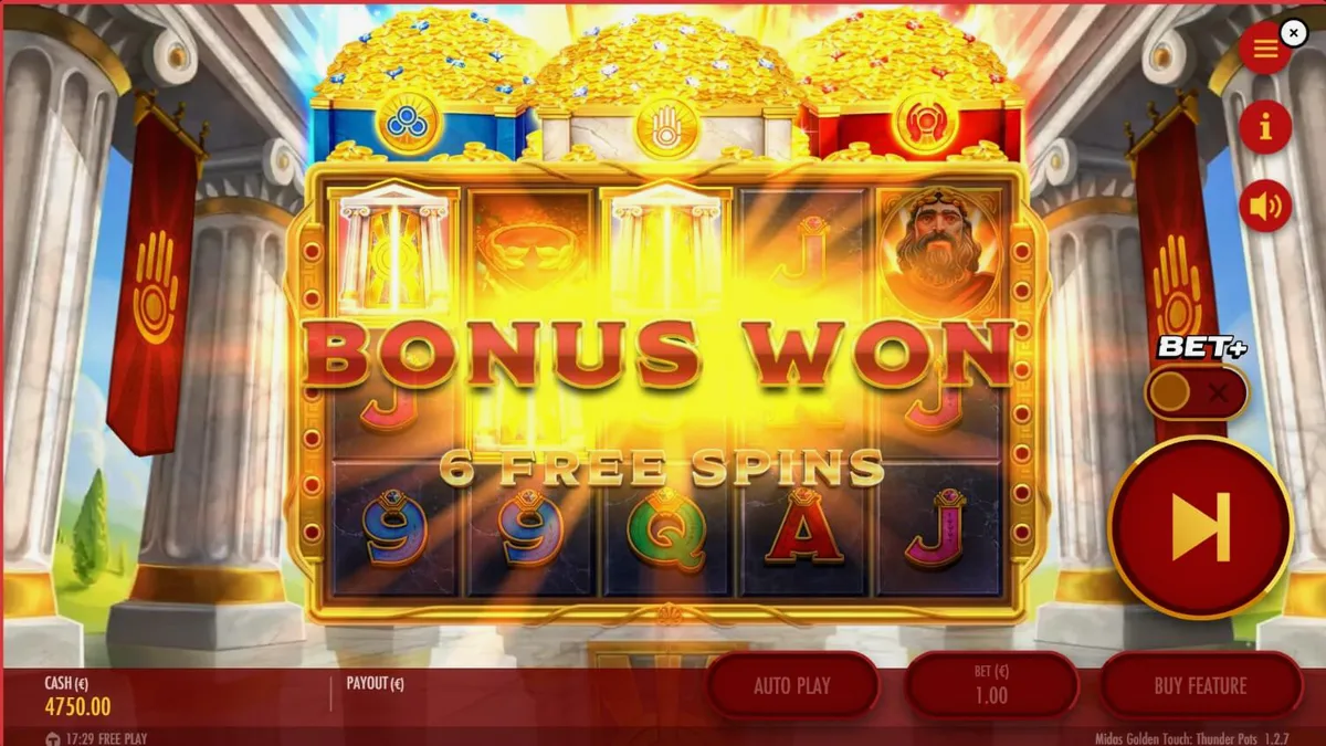 Tampilan visual slot Midas Golden Touch: Thunder Pots dengan simbol emas dan peti harta karun.