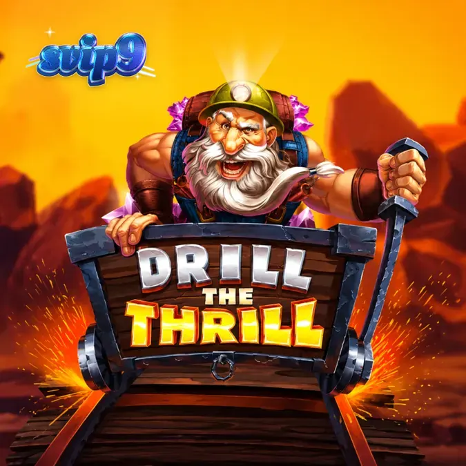 Tampilan visual mesin slot Drill the Thrill dengan tema pertambangan dan simbol koin emas.